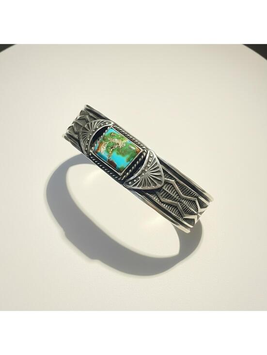 Native Jewelry - Navajo artist Sunshine Reeves Sonoran Gold Turquoise Sterling Silver Cuff 33g